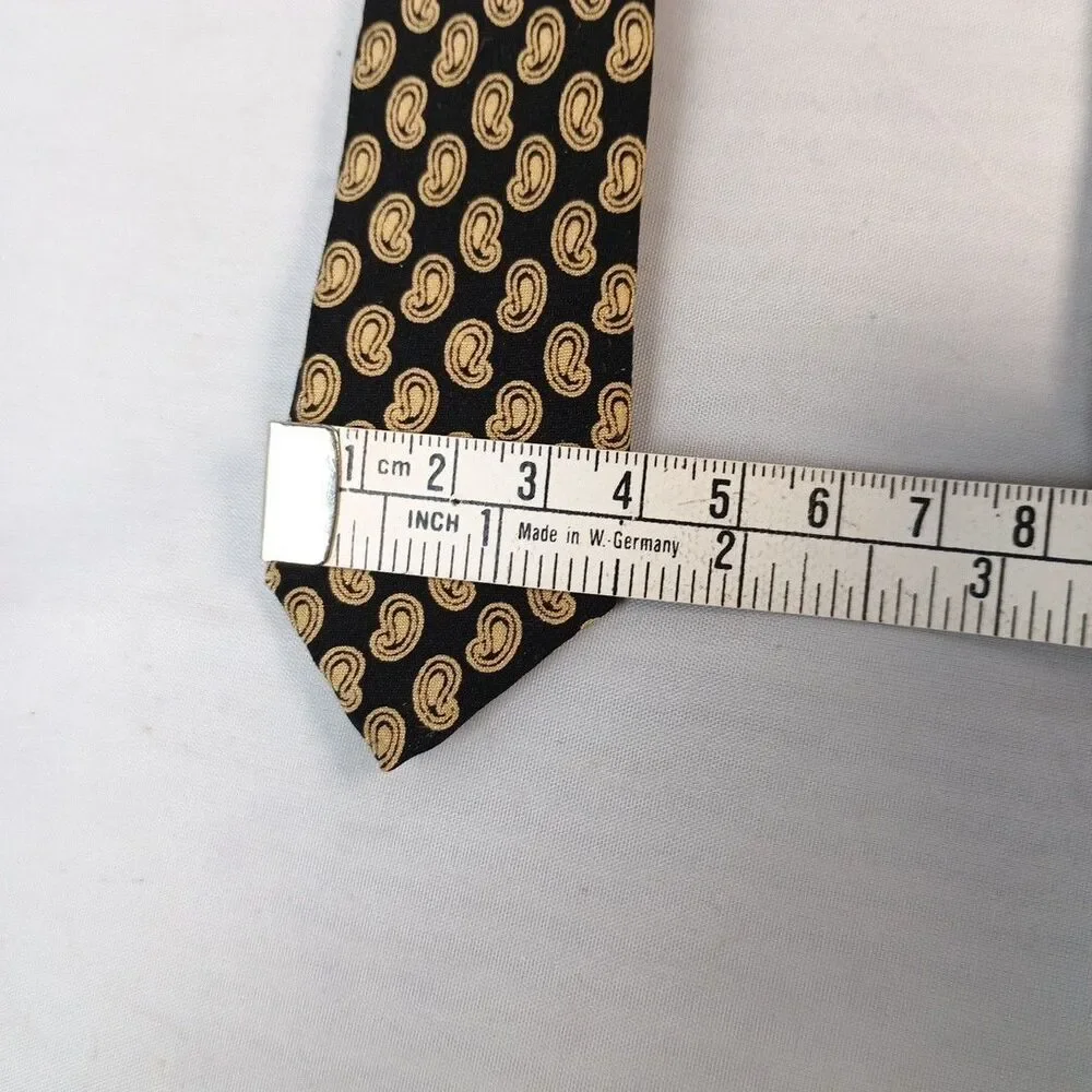 LANVIN Paris 100% Silk Made in France Black & Gold Paisley Designer Neck Tie 56